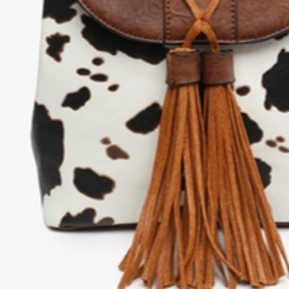 Brown White Cow Print Western Woven Backpack Brown Vegan Leather Detail - Picture 2 of 4